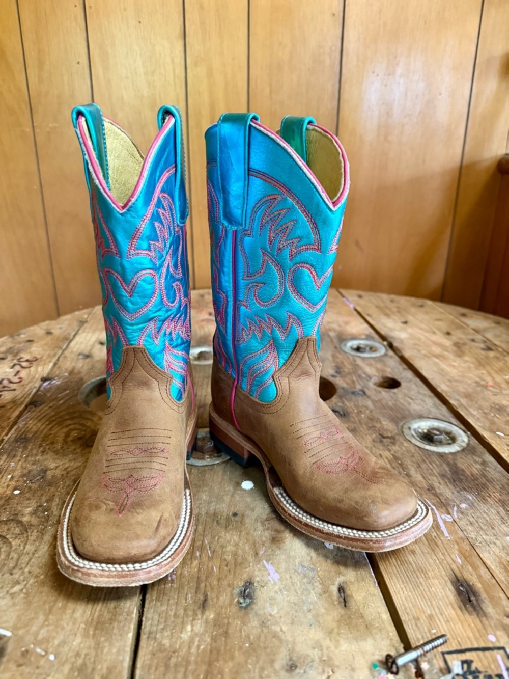 Macie Bean Teal & Pink Leather Western Boots Size 11 Girl